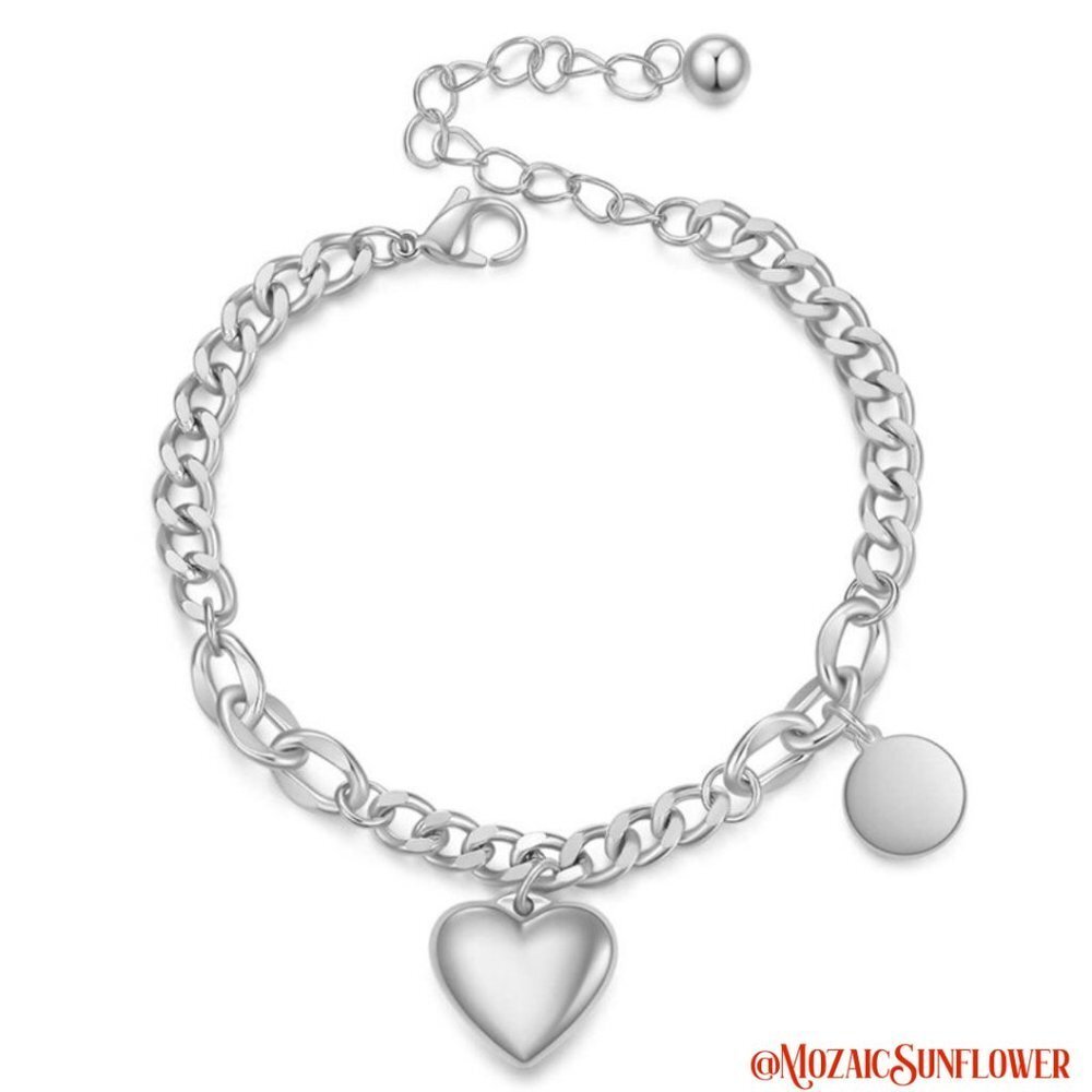 316L Stainless Steel Silver Cuban Chain Heart Charm Bracelet Hypoallergenic NWT